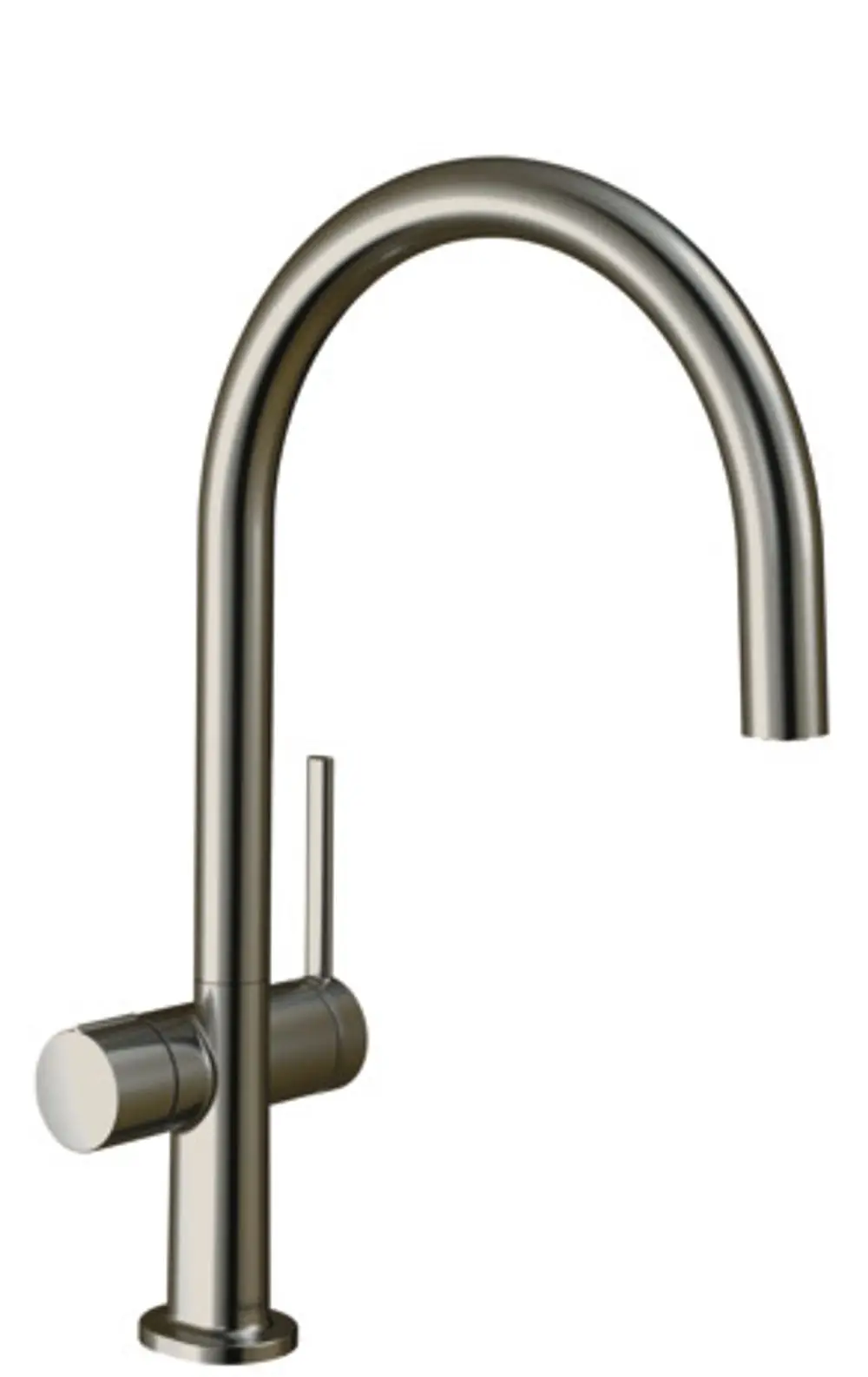 Küchenarmatur von Hansgrohe mit geschwungenem Auslauf und einem Hebel zur Steuerung des Wasserdurchflusses, in Edelstahl-Optik.